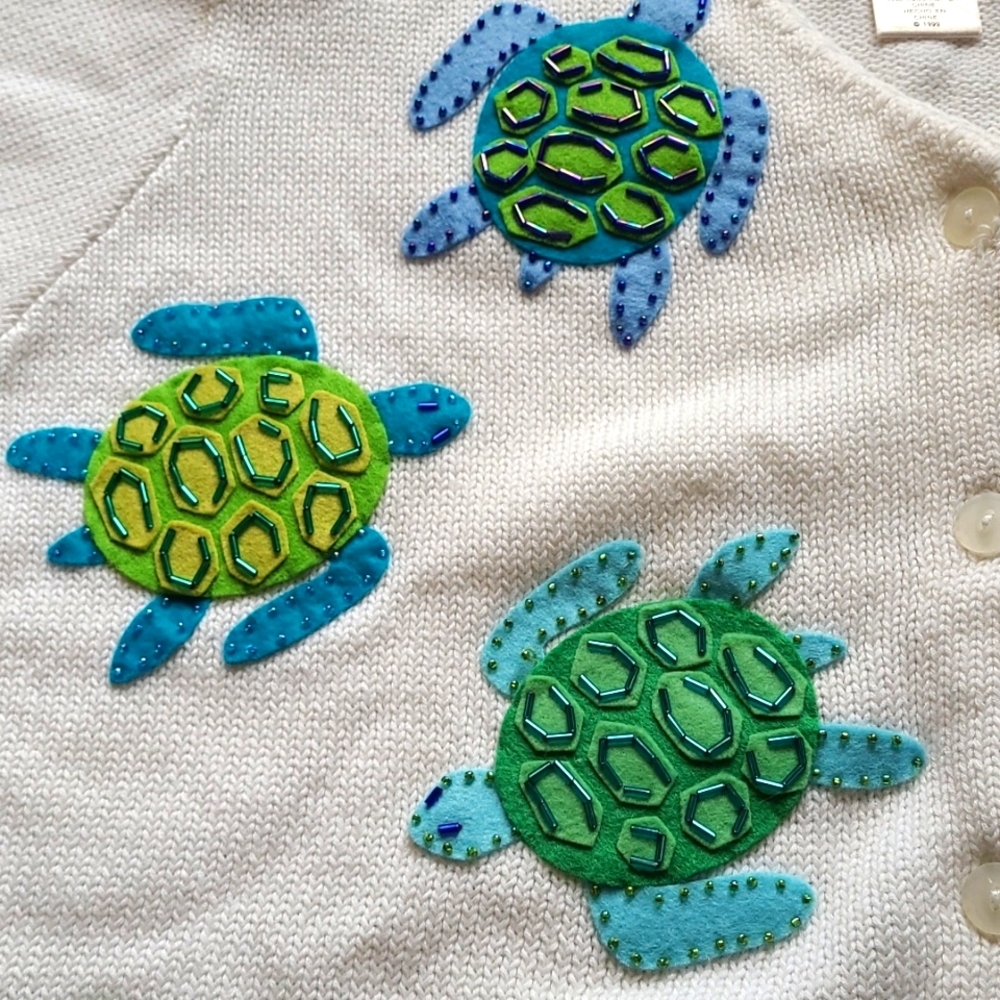 100% Cotton Susan Bristol Felt Beaded Sea Turtles White 1999 Y2K Sweater Top - Picture 6 of 6